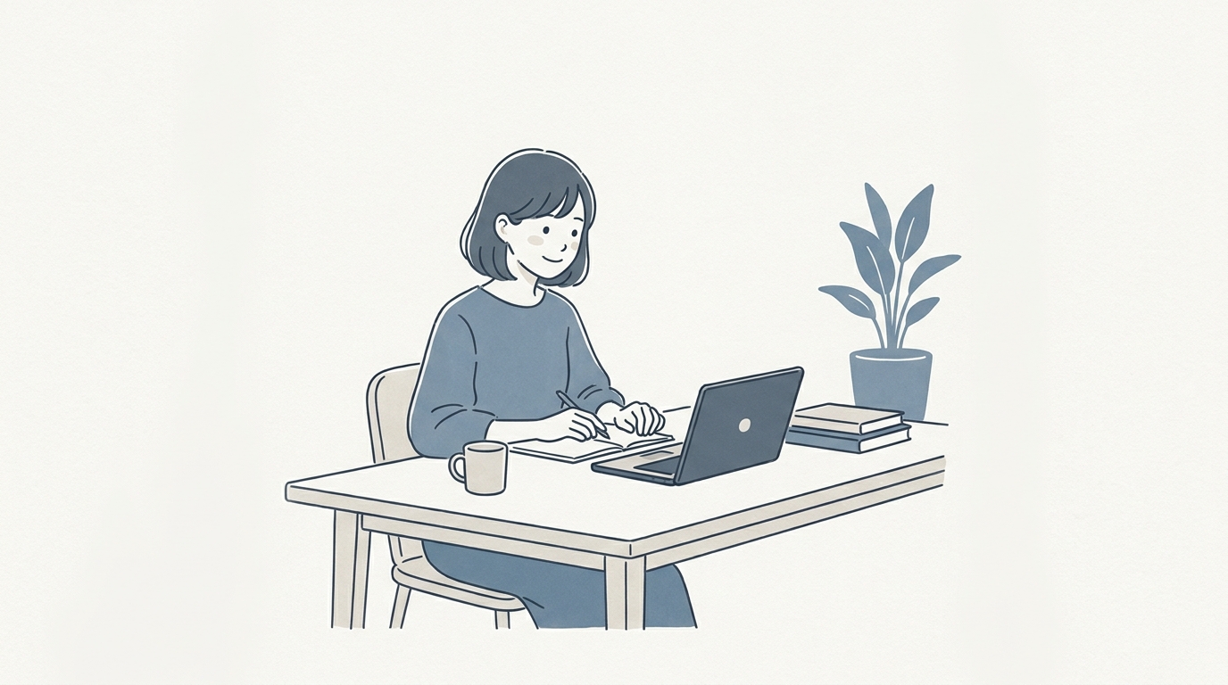 ノートパソコンでFXを学び始める女性のイラスト
